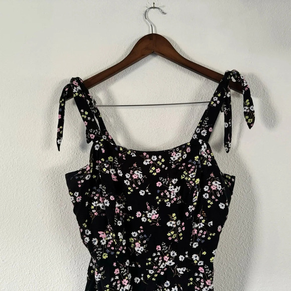 Smocked Tie Shoulder Dainty Ditsy Floral Midi Dress Large Cottagecore Picnic - Picture 2 of 10